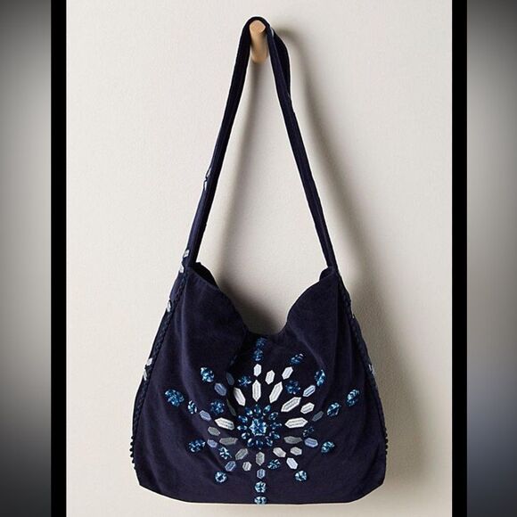 Free People Valera Embroidered Velvet Bag in Navy Blue NWOT - Picture 1 of 5